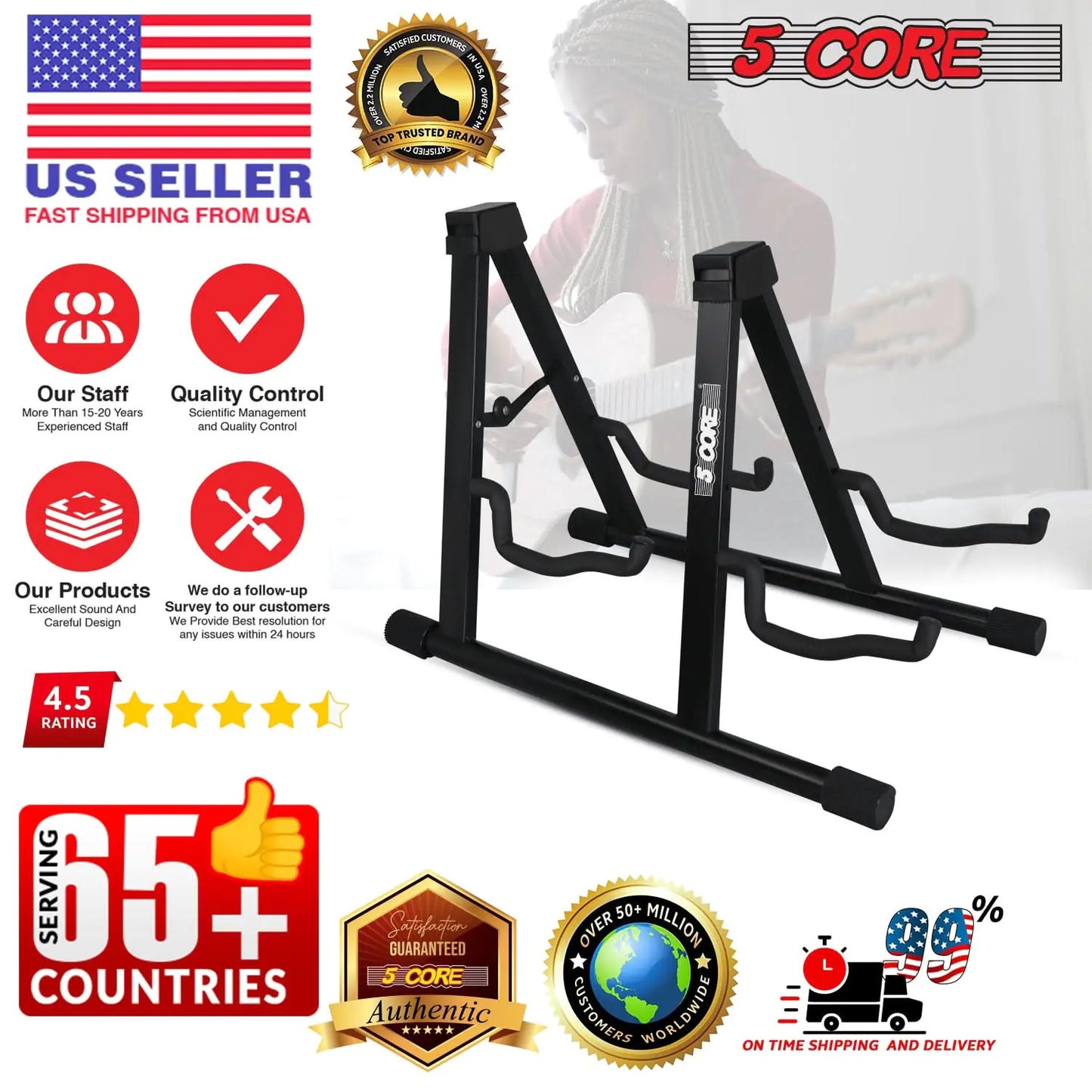 5Core Double Guitar Stand, Adjustable Floor Stand, A-Frame, Foldable, for Acoustic and Electric Guitars, Black Color