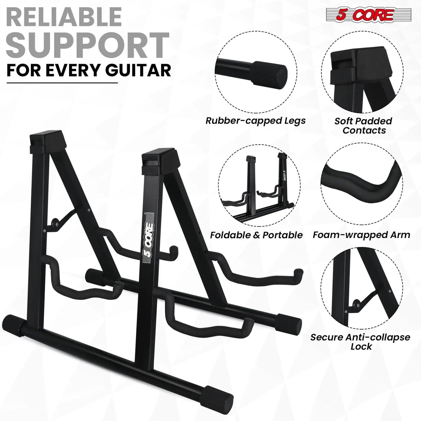 5Core Double Guitar Stand, Adjustable Floor Stand, A-Frame, Foldable, for Acoustic and Electric Guitars, Black Color