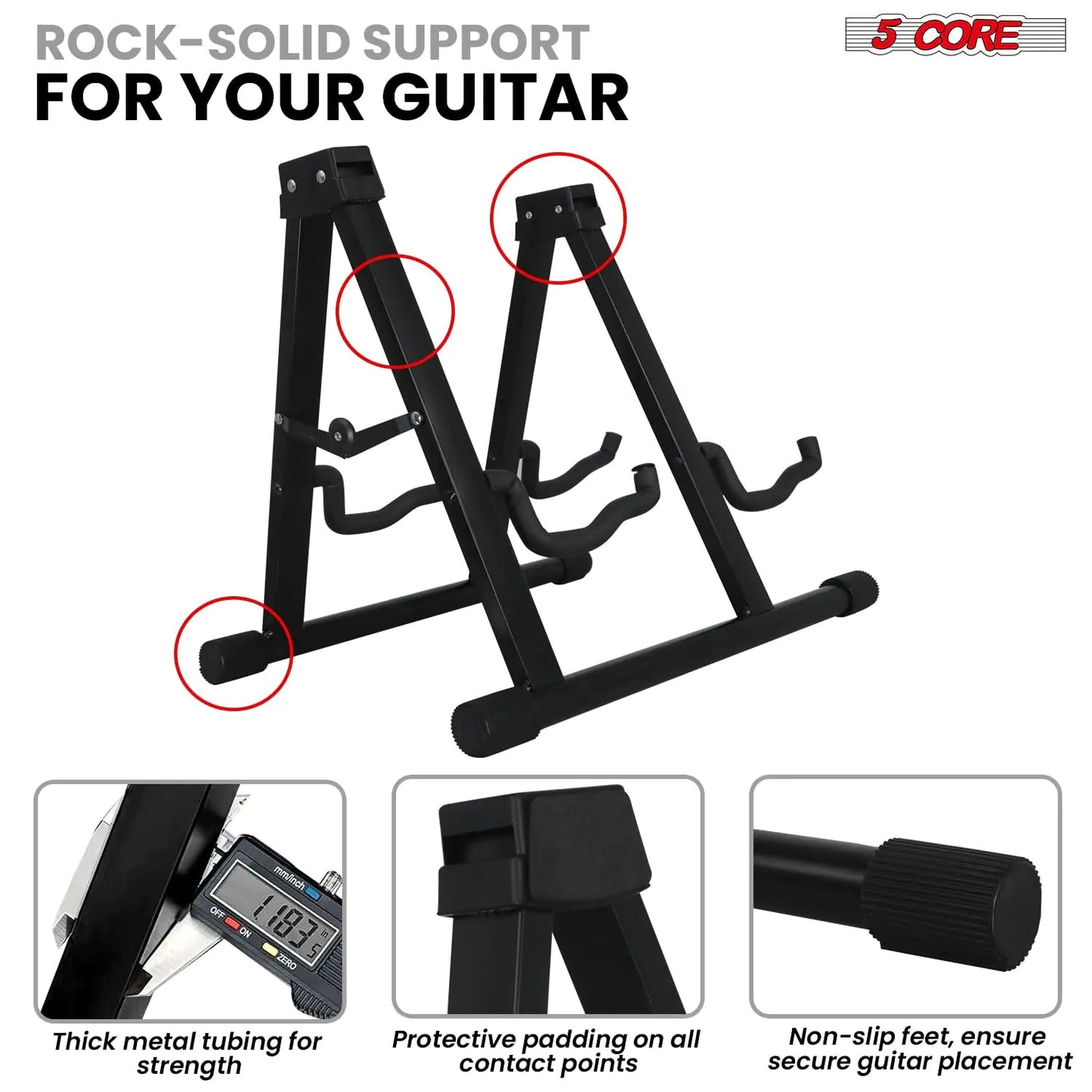 5Core Double Guitar Stand, Adjustable Floor Stand, A-Frame, Foldable, for Acoustic and Electric Guitars, Black Color