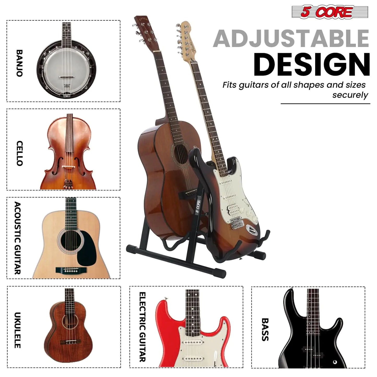 5Core Double Guitar Stand, Adjustable Floor Stand, A-Frame, Foldable, for Acoustic and Electric Guitars, Black Color