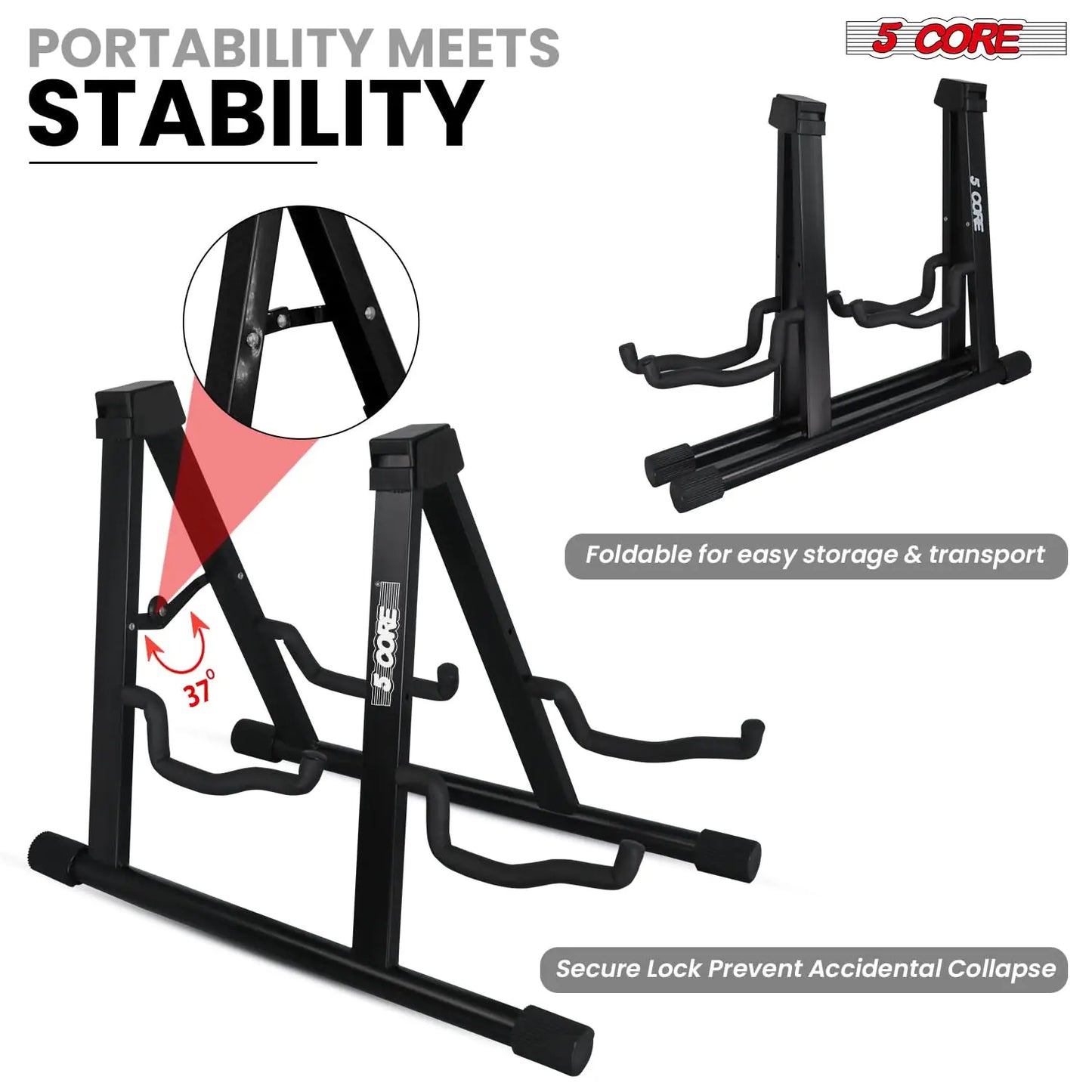 5Core Double Guitar Stand, Adjustable Floor Stand, A-Frame, Foldable, for Acoustic and Electric Guitars, Black Color