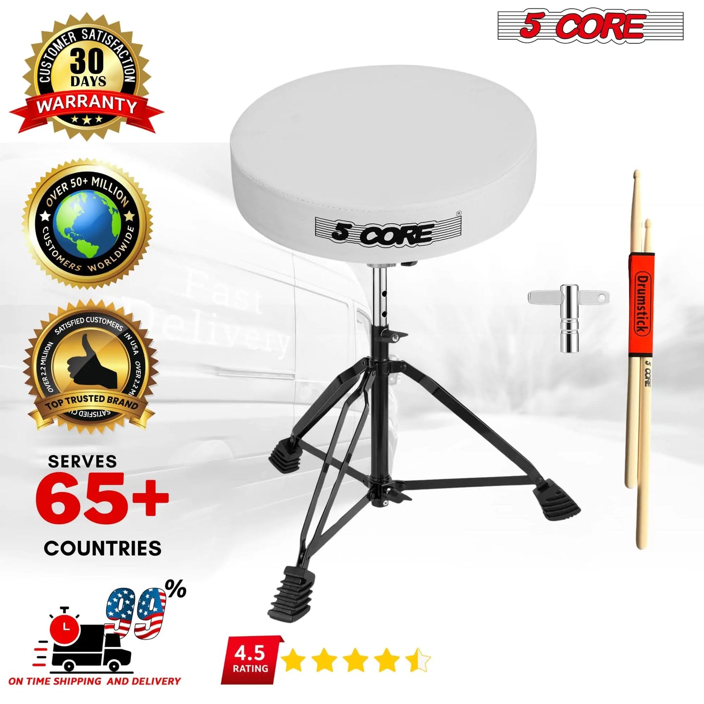 Tabouret de batterie rembourré 5Core, siège ajustable pour batteur pour adultes et enfants, BLANC.