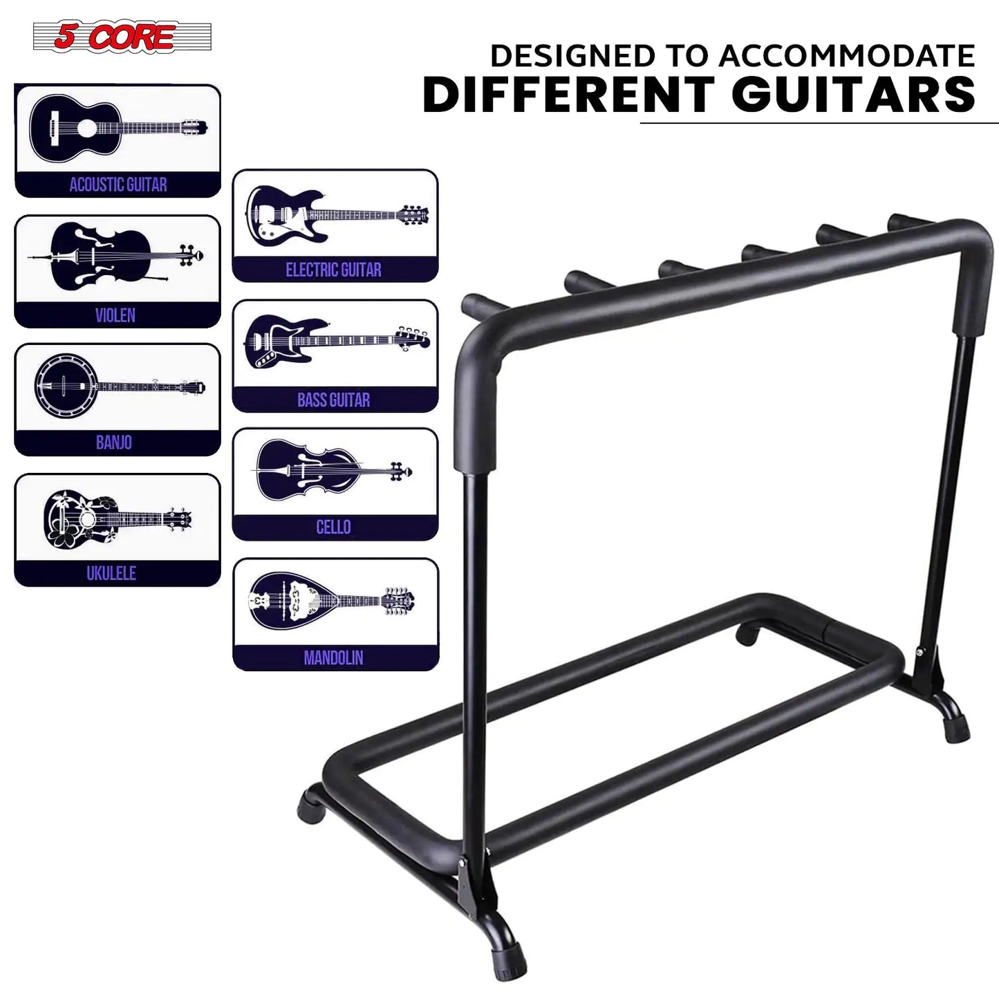 Rack à guitare 5Core à 5 emplacements - supports de guitare pour un rangement au sol sécurisé pour guitares électriques, acoustiques et Flying V