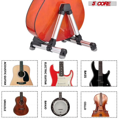 Support de guitare 5Core en aluminium réglable, cadre en A universel, pliable, pour guitares acoustiques, électriques et basses - ARGENT