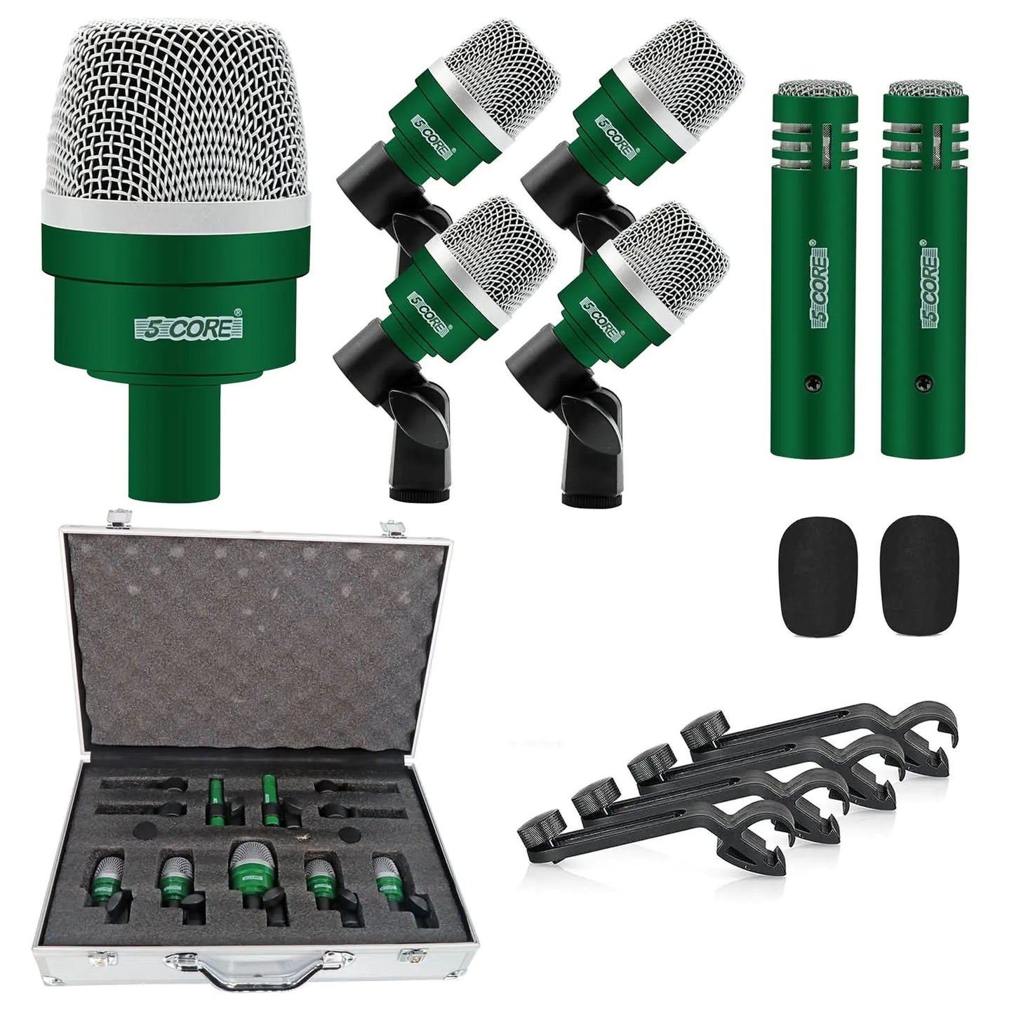 5Core 7 Piece Drum Microphone Kit - Dynamic Microphones for Kick, Toms and Snare Drums Green