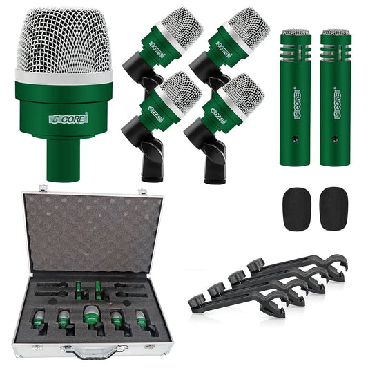 Kit de micros pour batterie 5Core 7 pièces - microphones dynamiques pour grosse caisse, toms et caisse claire vert