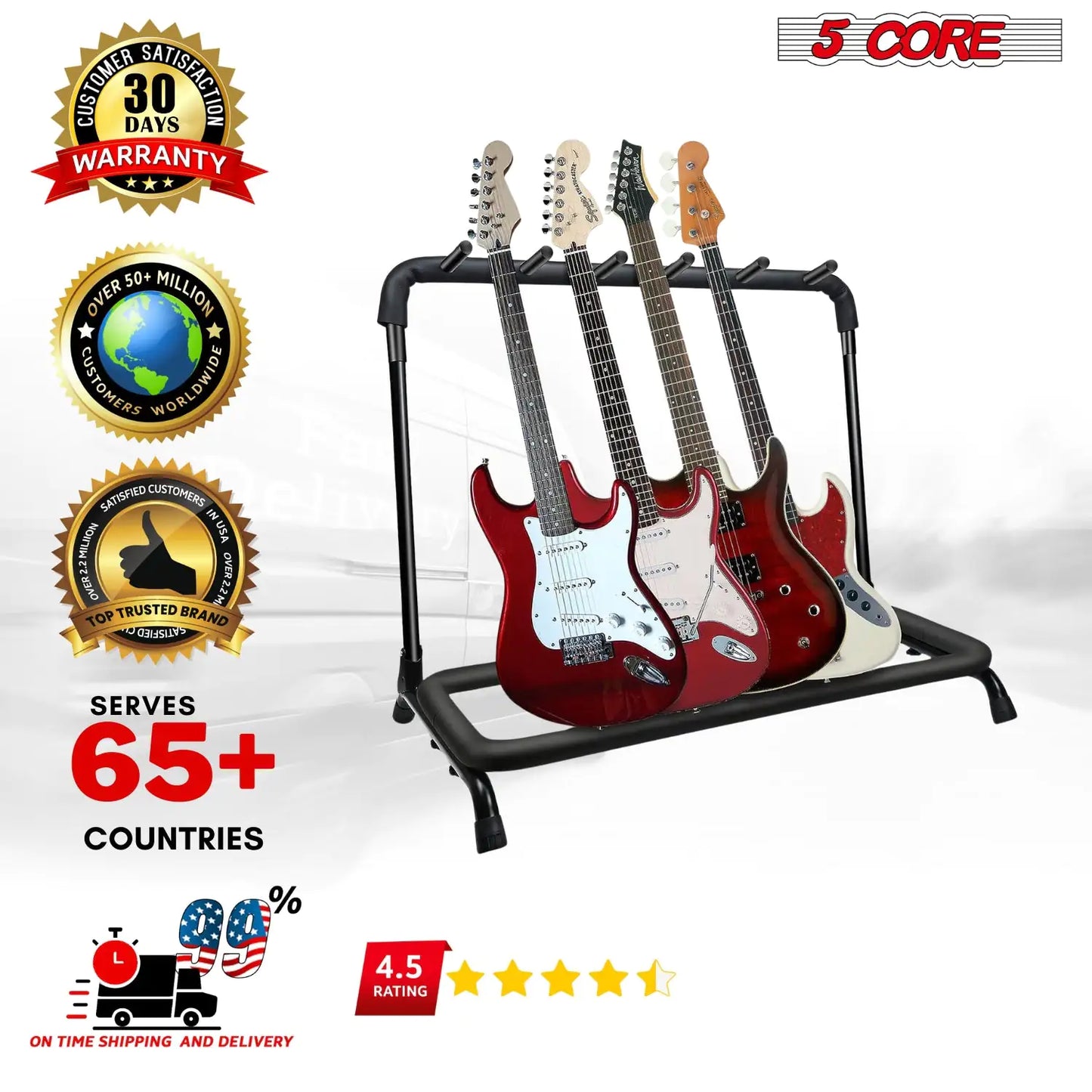 Rack à guitare 5Core à 5 emplacements - supports de guitare pour un rangement au sol sécurisé pour guitares électriques, acoustiques et Flying V