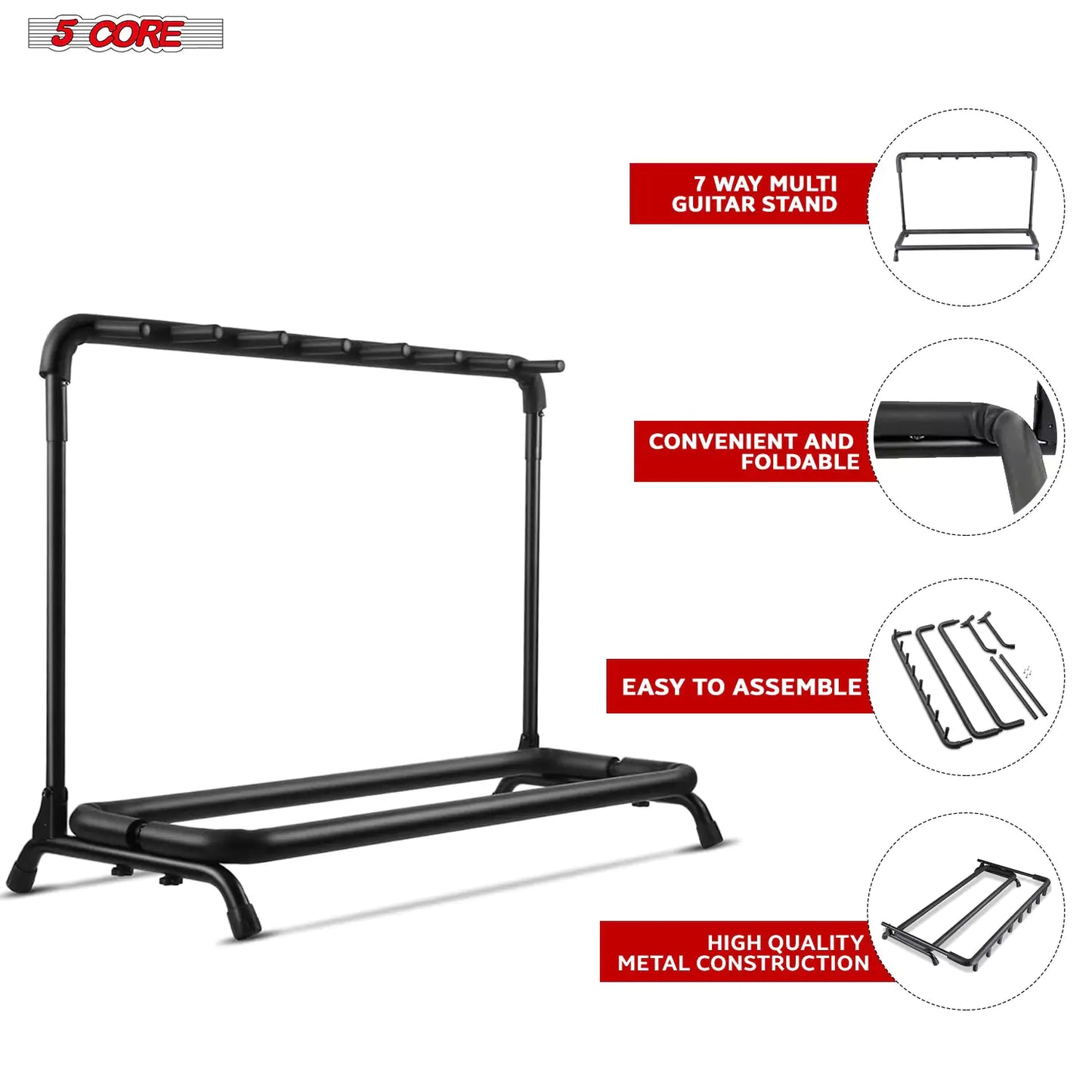 Support de guitare 5Core à 7 emplacements, rangement sécurisé au sol pour guitares électriques, acoustiques et Flying V.