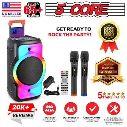 5Core Bluetooth Party Speaker 12 inch PA RGB Partybox Karaoke Machine + 2 Wireless Mic