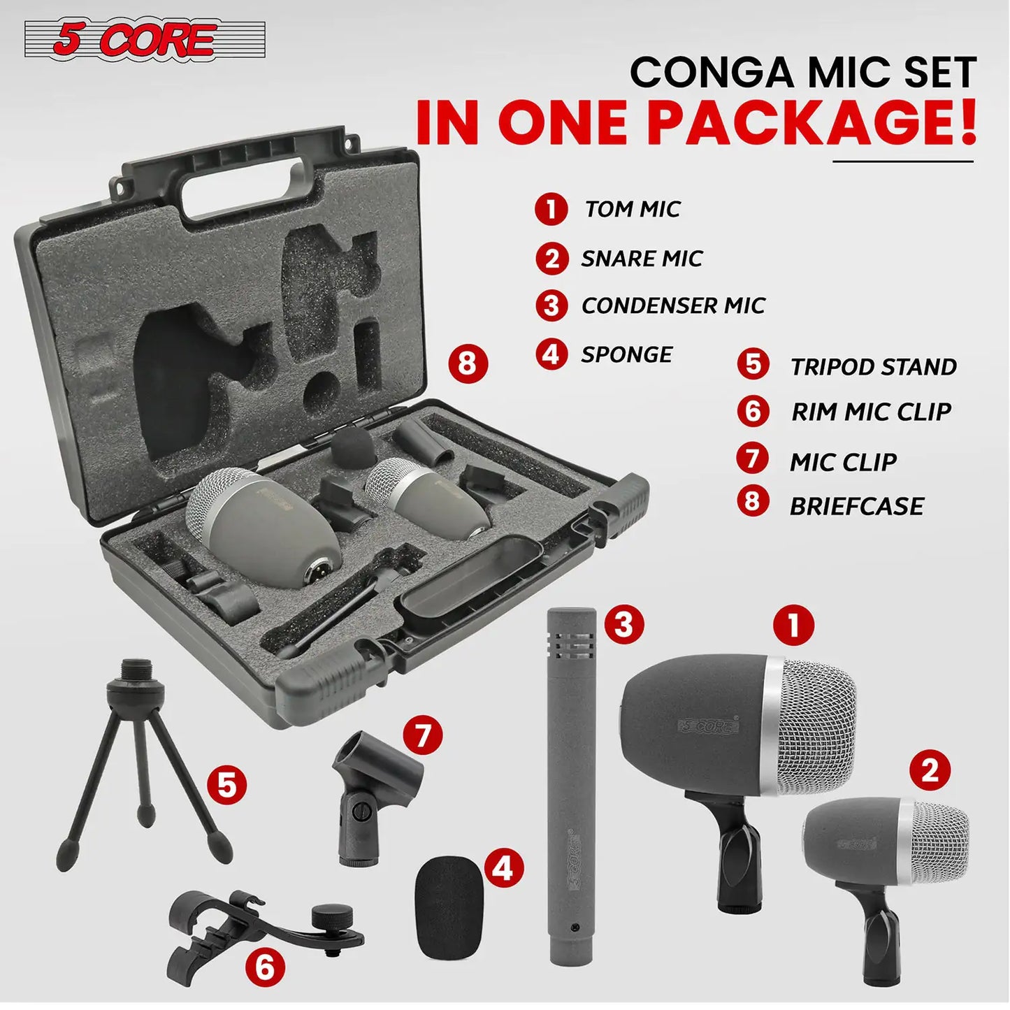 Microphone à condensateur XLR 5Core pour conga, caisse claire et toms, kit de batterie