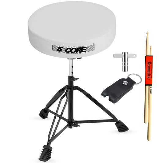 Tabouret de batterie rembourré 5Core, siège ajustable pour batteur pour adultes et enfants, BLANC.