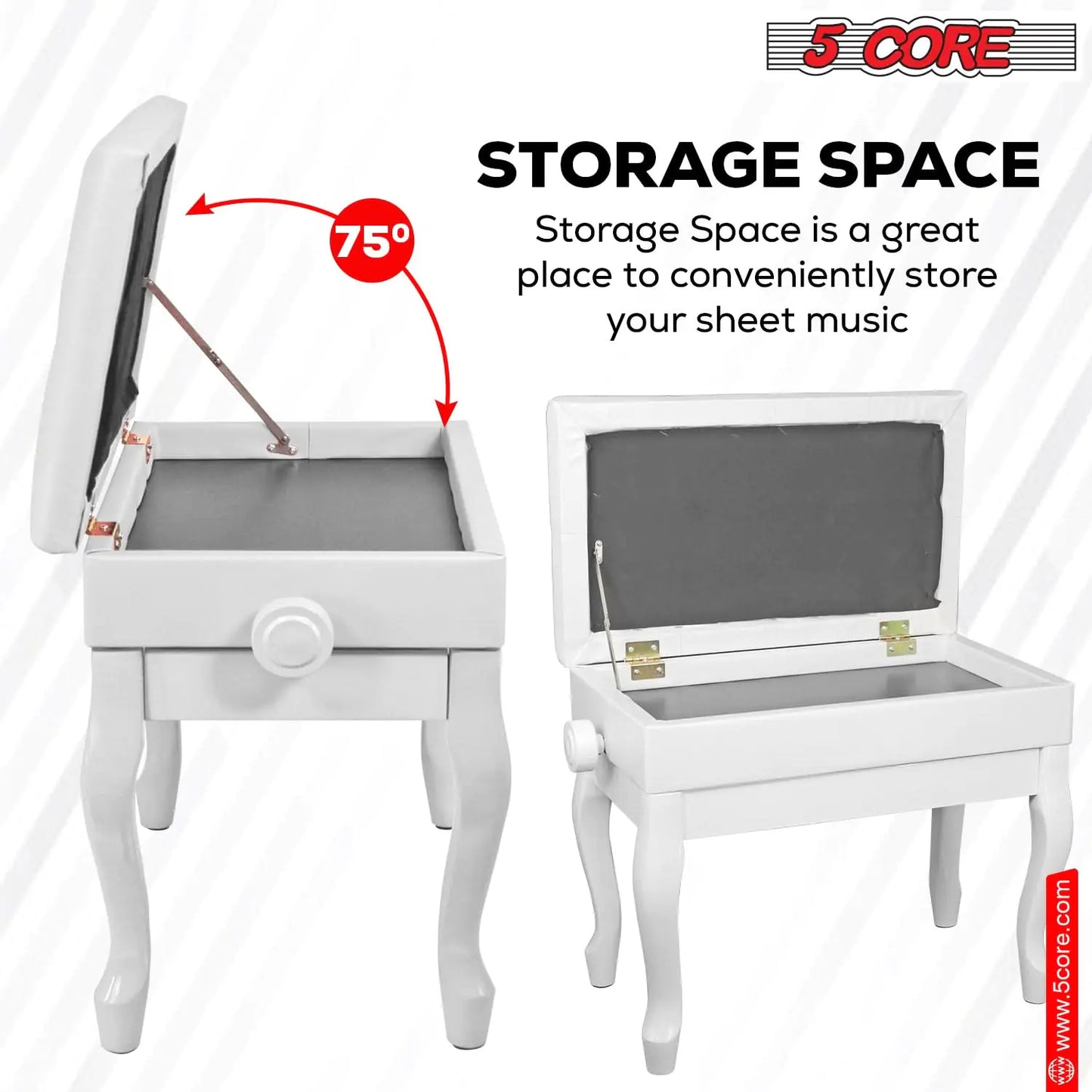 Banc de piano 5 Core en bois, hauteur ajustable, tabouret robuste pour clavier avec rangement, coloris blanc