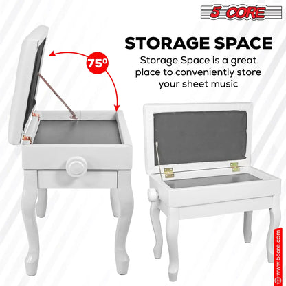 Banc de piano 5 Core en bois, hauteur ajustable, tabouret robuste pour clavier avec rangement, coloris blanc