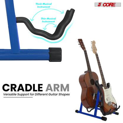 Support de guitare double 5Core, sur pied, réglable, en A, pliable, pour guitares acoustiques et électriques, de couleur bleue.