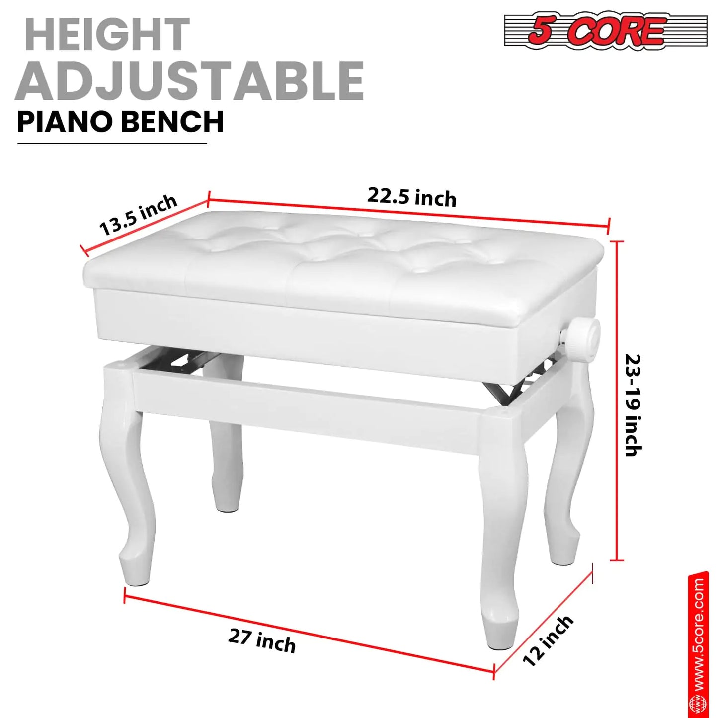 Banc de piano 5 Core en bois, hauteur ajustable, tabouret robuste pour clavier avec rangement, coloris blanc