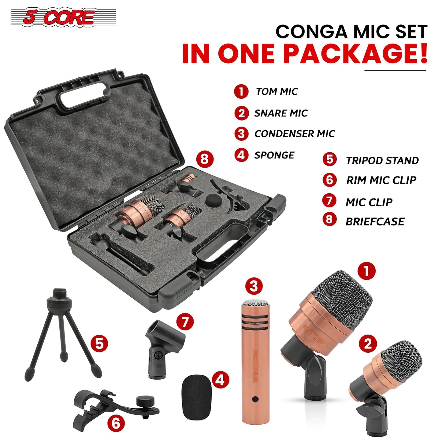 Microphone à condensateur XLR 5Core pour conga, caisse claire et toms, kit de batterie