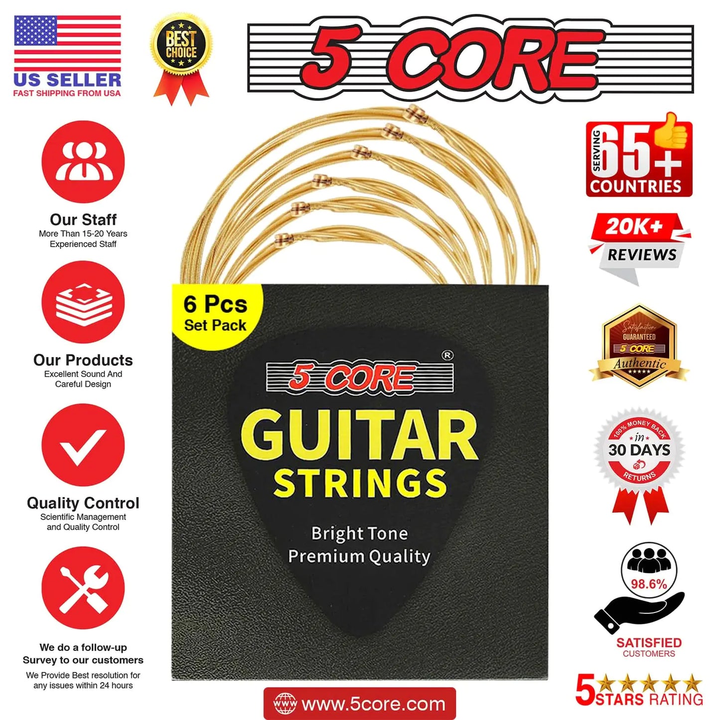 5Core Cordes de Guitare Acoustique 0.010-0.047 Jauge en Acier, Haute Résistance avec Tonalité Brillante pour Guitares 6 Cordes