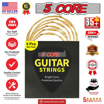 5Core Cordes de Guitare Acoustique 0.010-0.047 Jauge en Acier, Haute Résistance avec Tonalité Brillante pour Guitares 6 Cordes