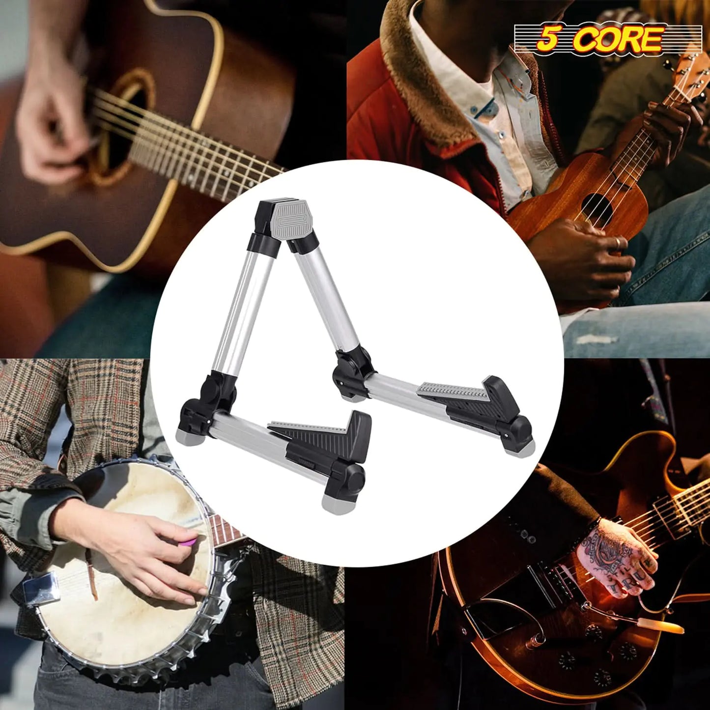 Support de guitare 5Core en aluminium réglable, cadre en A universel, pliable, pour guitares acoustiques, électriques et basses - ARGENT