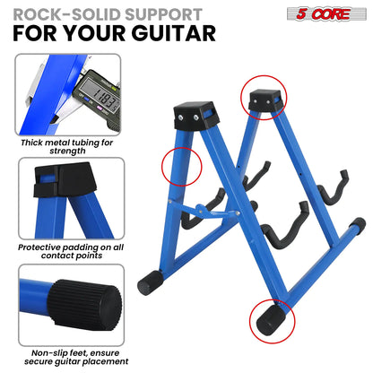 Support de guitare double 5Core, sur pied, réglable, en A, pliable, pour guitares acoustiques et électriques, de couleur bleue.