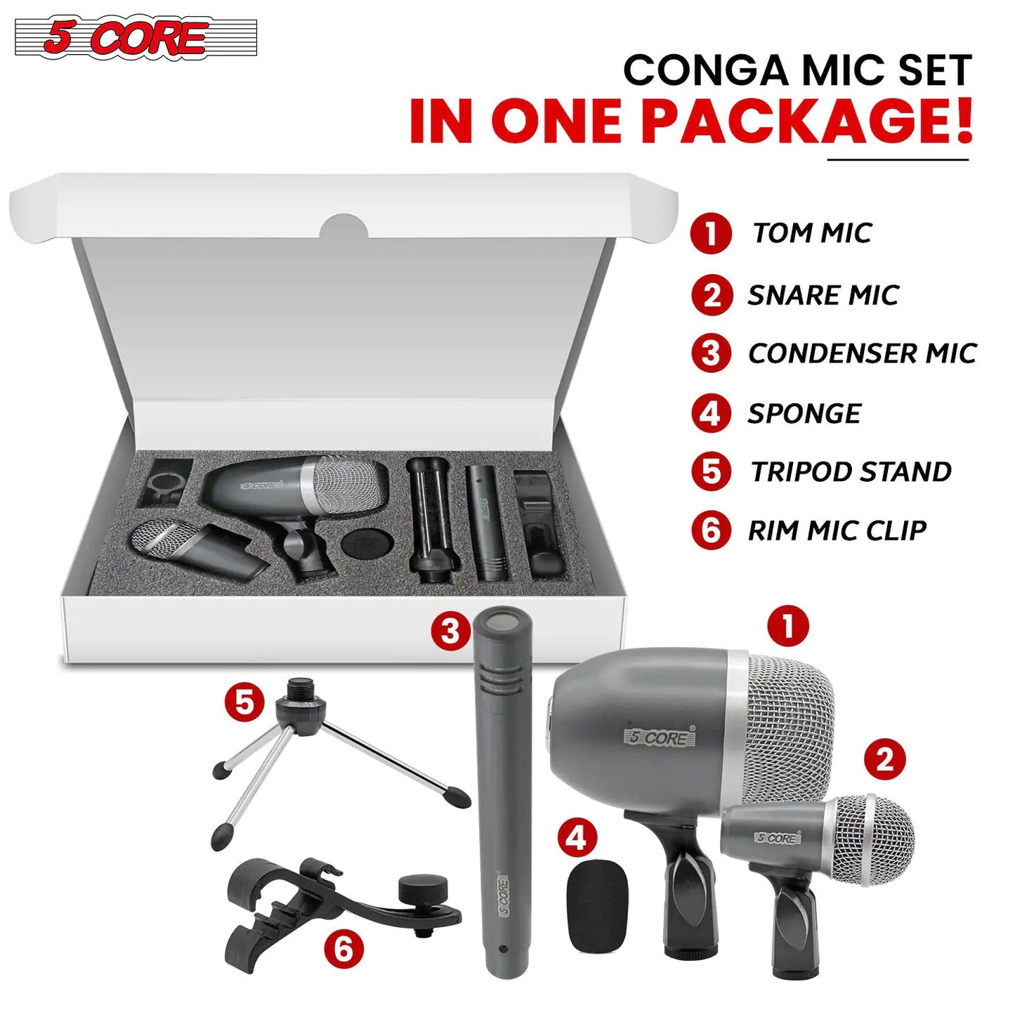 Microphone à condensateur XLR 5Core pour conga, caisse claire et toms, kit de batterie