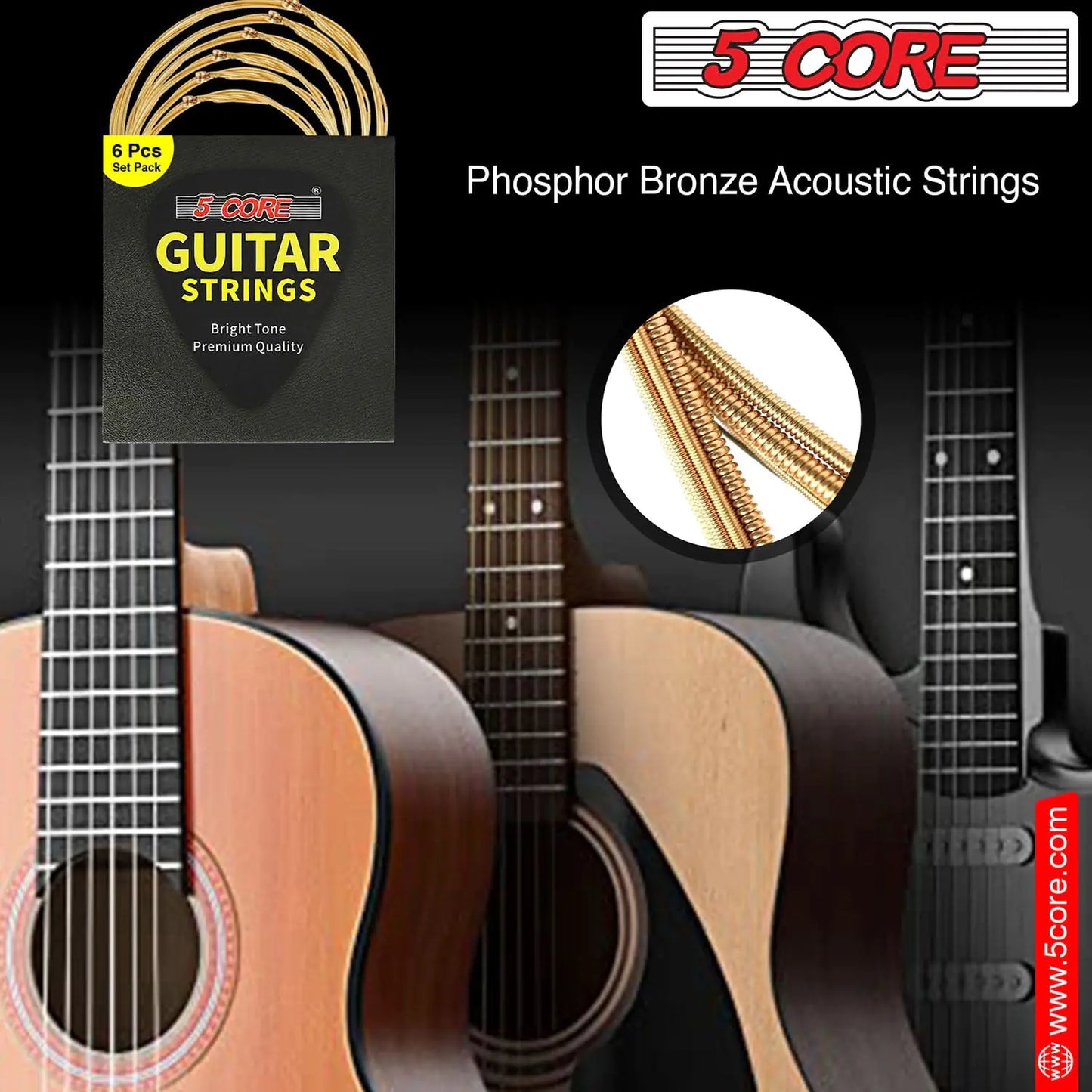 5Core Cordes de Guitare Acoustique 0.010-0.047 Jauge en Acier, Haute Résistance avec Tonalité Brillante pour Guitares 6 Cordes