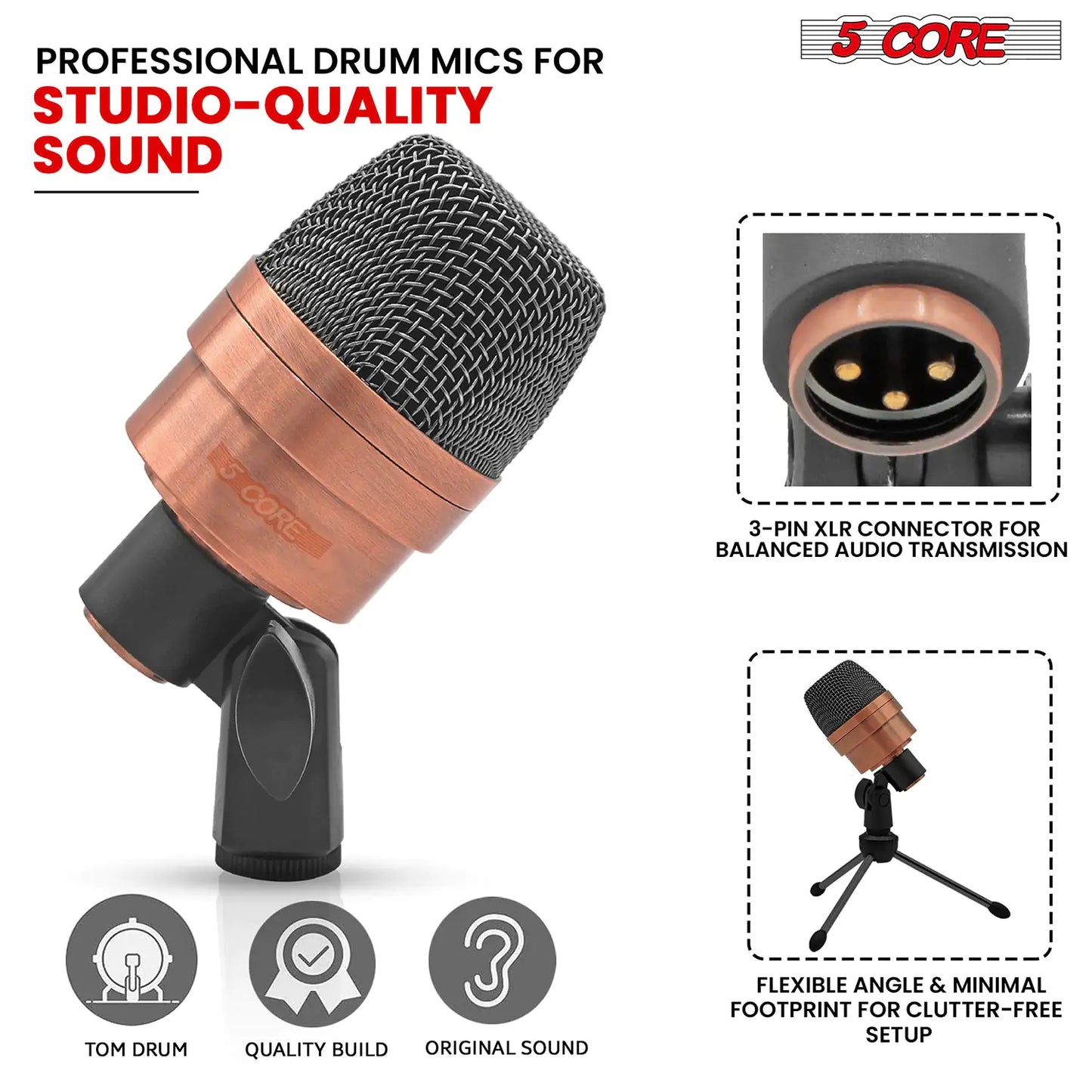 Microphone à condensateur XLR 5Core pour conga, caisse claire et toms, kit de batterie