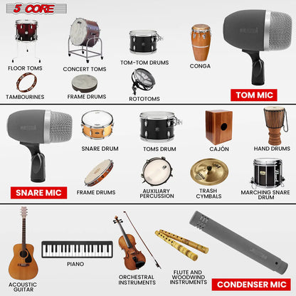 Microphone à condensateur XLR 5Core pour conga, caisse claire et toms, kit de batterie