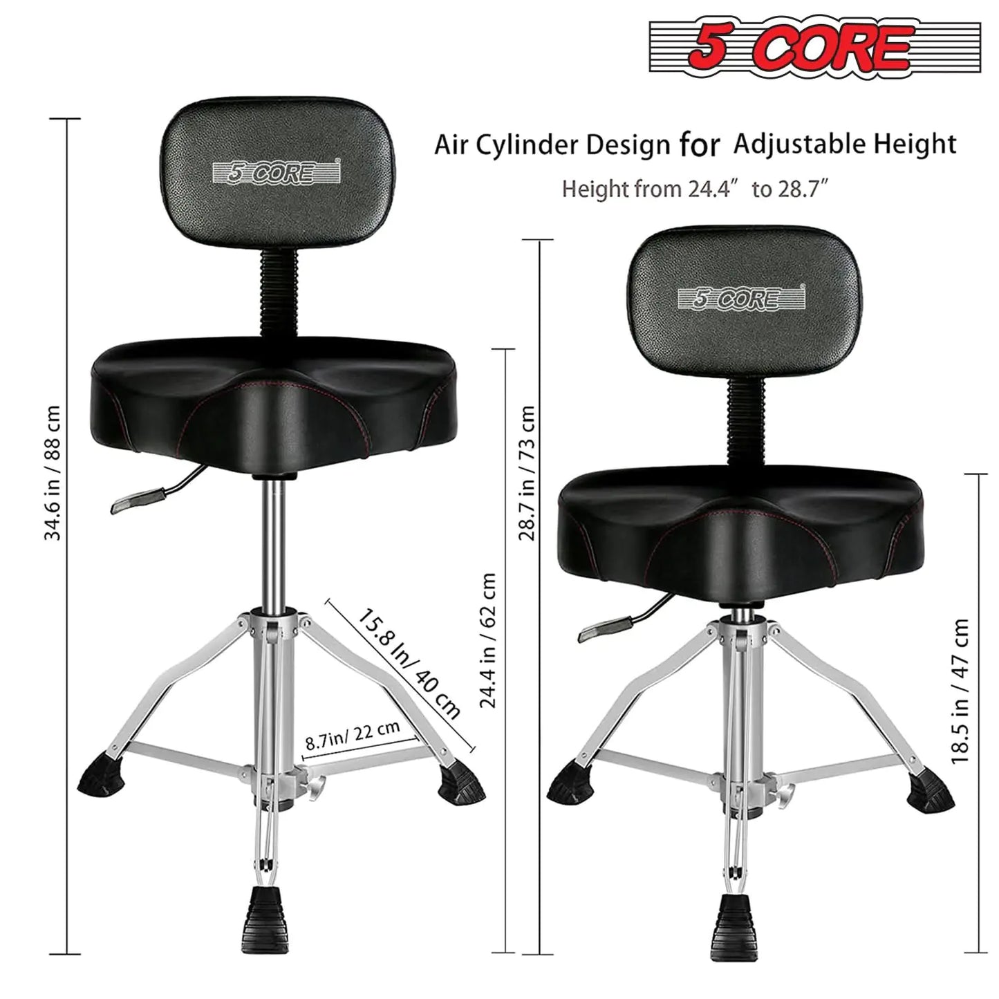 5Core Padded Drum Stool with Backrest, Drummer Seat for Adults and Kids - BLACK