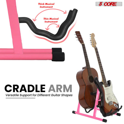 5Core Double Guitar Stand, Adjustable Floor Stand, Foldable A-Frame for Acoustic and Electric Guitars - Pink
