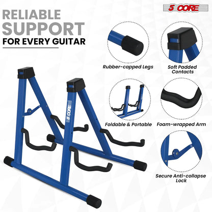 Support de guitare double 5Core, sur pied, réglable, en A, pliable, pour guitares acoustiques et électriques, de couleur bleue.