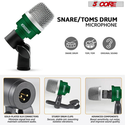 5Core 7 Piece Drum Microphone Kit - Dynamic Microphones for Kick, Toms and Snare Drums Green