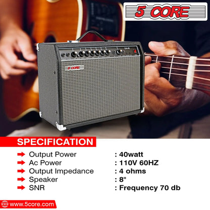 5 Core Guitar Amplifier for Portable Acoustic Electric Bass, 40W Practice Amp BLACK.