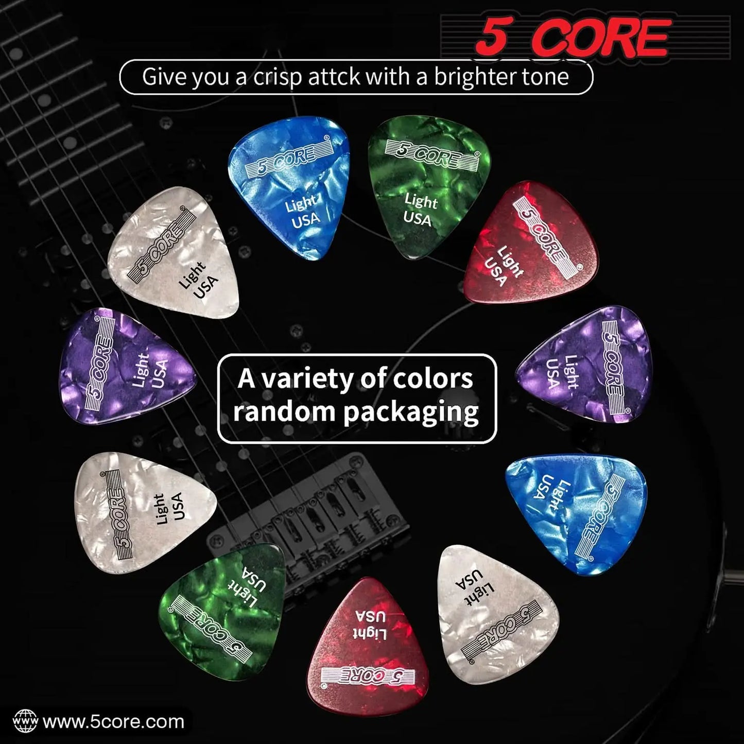 5Core Celluloid Guitar Picks, 0.46mm Lightweight Thickness - RGWPB Acoustic, Electric &amp; Bass Guitars.