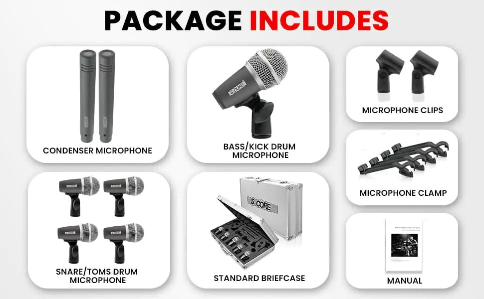 Kit de micros pour batterie 5Core 7 pièces - micros dynamiques pour grosse caisse, toms et caisse claire NOIR