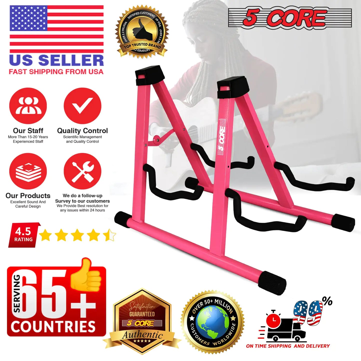 5Core Double Guitar Stand, Adjustable Floor Stand, Foldable A-Frame for Acoustic and Electric Guitars - Pink