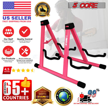 5Core Double Guitar Stand, Adjustable Floor Stand, Foldable A-Frame for Acoustic and Electric Guitars - Pink