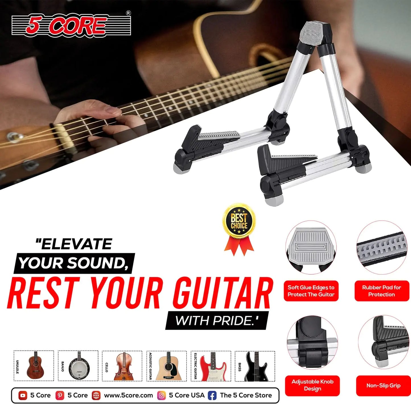 Support de guitare 5Core en aluminium réglable, cadre en A universel, pliable, pour guitares acoustiques, électriques et basses - ARGENT