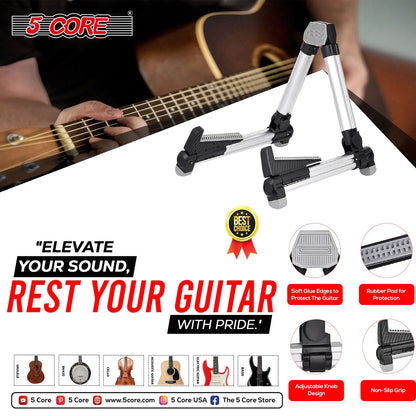 Support de guitare 5Core en aluminium réglable, cadre en A universel, pliable, pour guitares acoustiques, électriques et basses - ARGENT