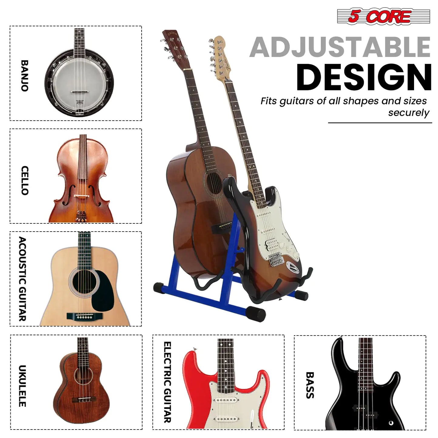 Support de guitare double 5Core, sur pied, réglable, en A, pliable, pour guitares acoustiques et électriques, de couleur bleue.