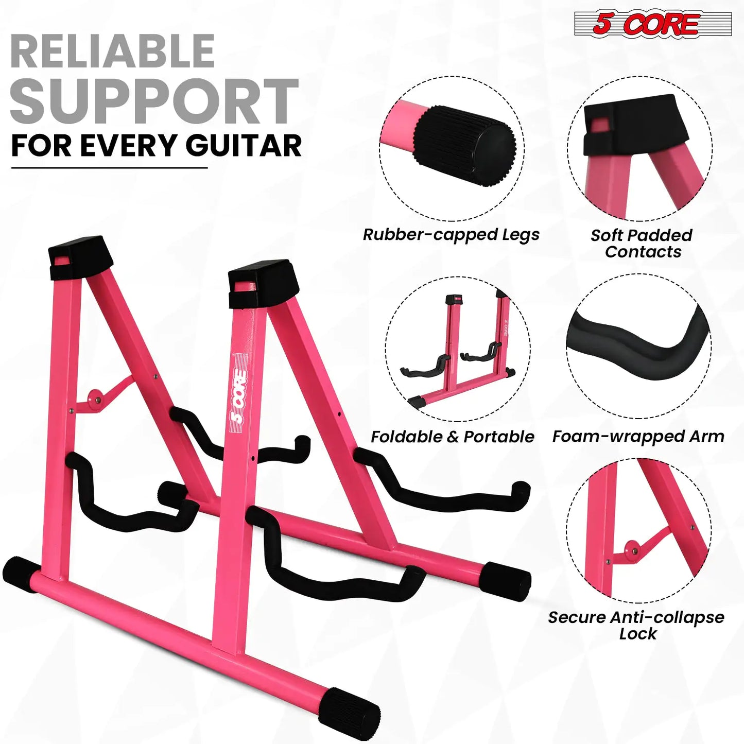 5Core Double Guitar Stand, Adjustable Floor Stand, Foldable A-Frame for Acoustic and Electric Guitars - Pink