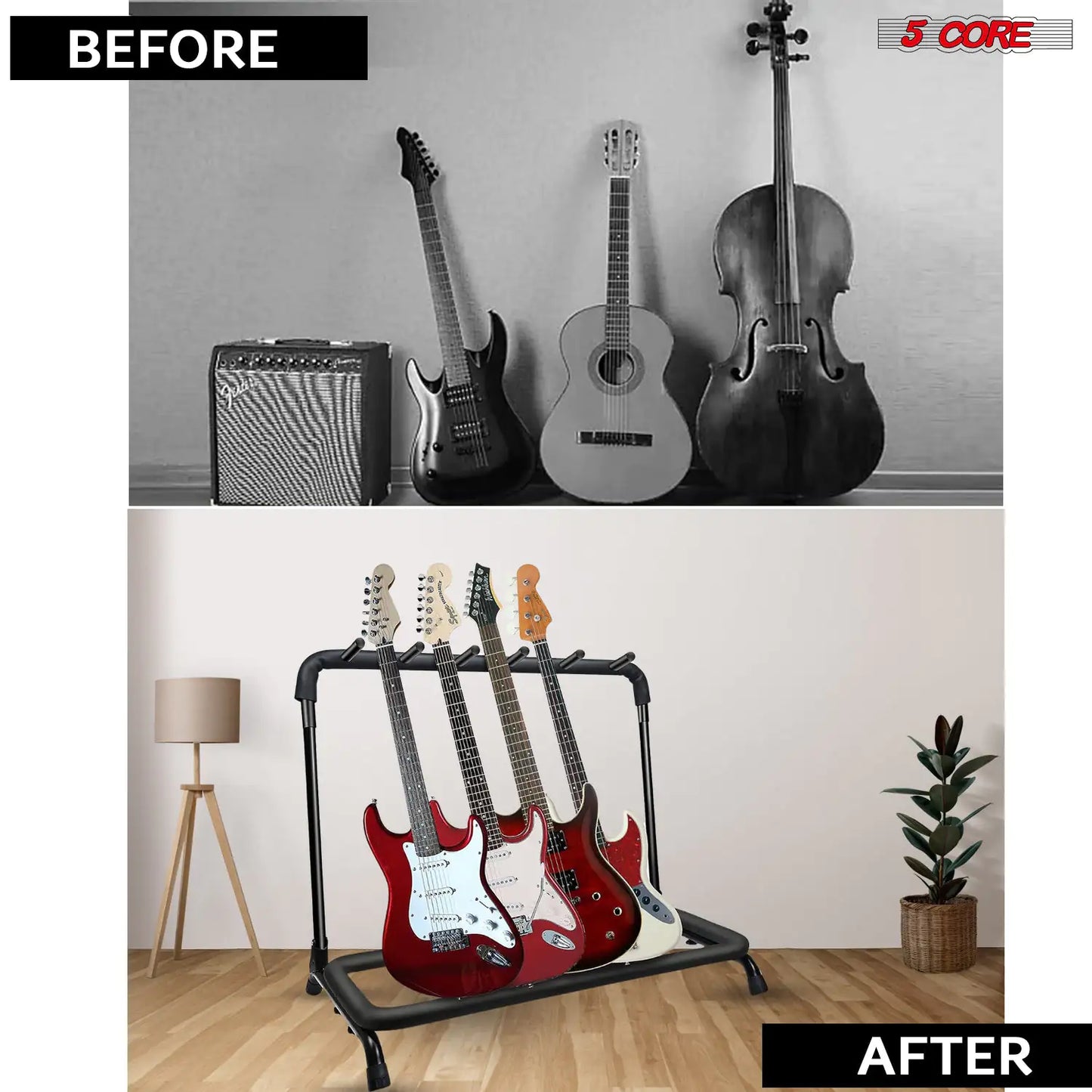 Rack à guitare 5Core à 5 emplacements - supports de guitare pour un rangement au sol sécurisé pour guitares électriques, acoustiques et Flying V