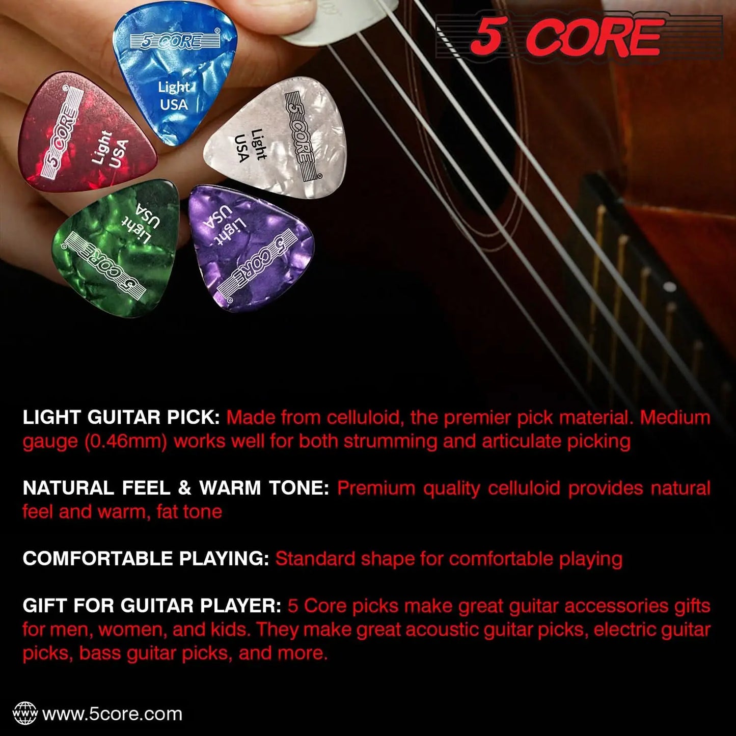 5Core Celluloid Guitar Picks, 0.46mm Lightweight Thickness - RGWPB Acoustic, Electric &amp; Bass Guitars.