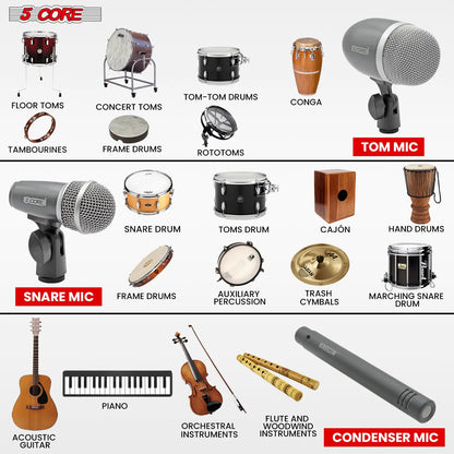 Microphone à condensateur XLR 5Core pour conga, caisse claire et toms, kit de batterie