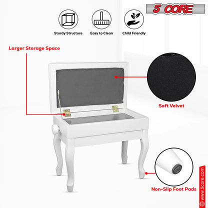 Banc de piano 5 Core en bois, hauteur ajustable, tabouret robuste pour clavier avec rangement, coloris blanc