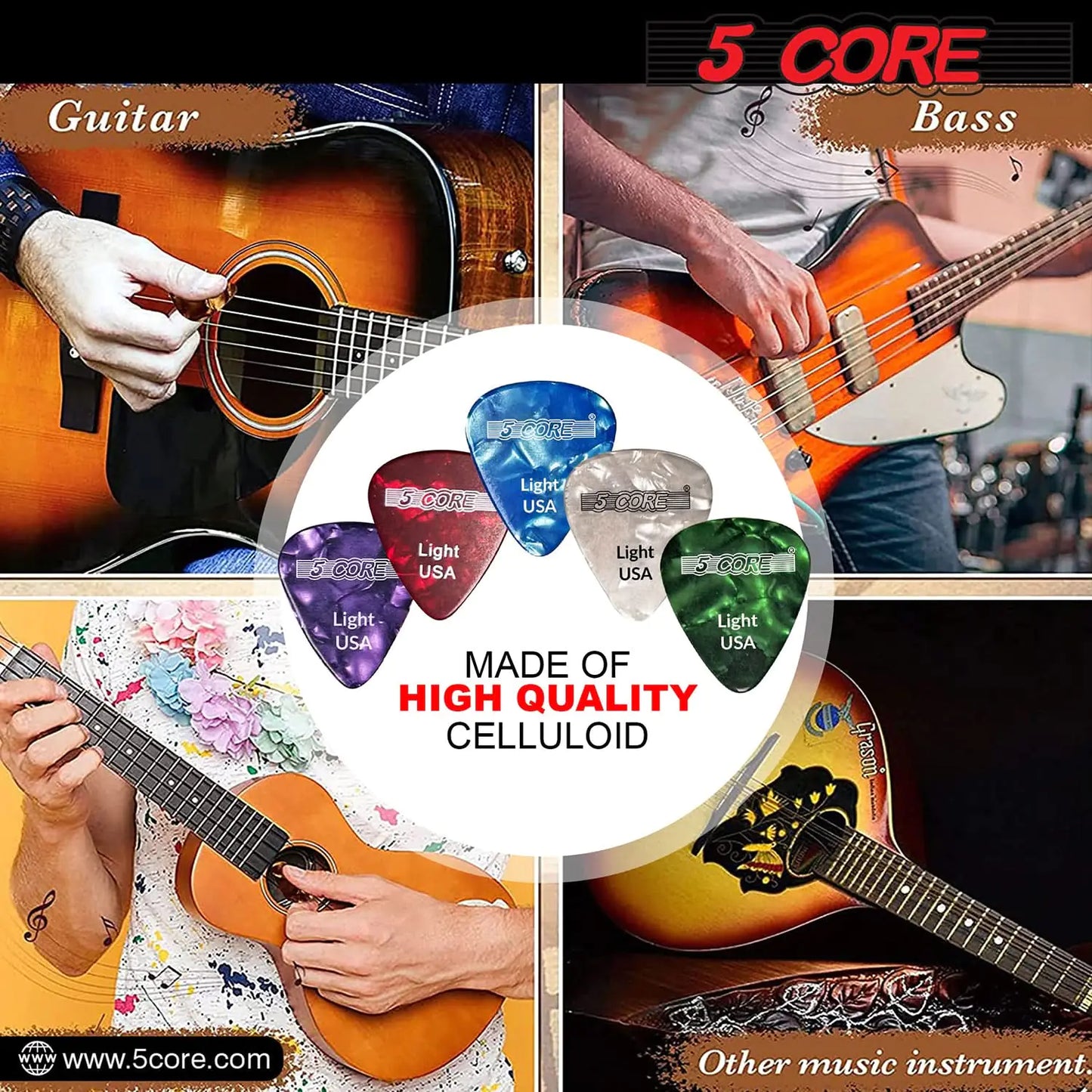 5Core Médiators de guitare en celluloïd épaisseur légère 0,46 mm - Guitares acoustiques et électriques basse BLANC