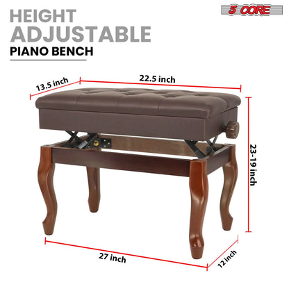 Banc de piano 5 Core en bois, hauteur ajustable, tabouret robuste pour clavier avec rangement, coloris marron