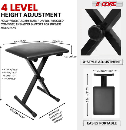 Support de clavier 5Core, style Double X, élévateur de piano ajustable + banc pour clavier/piano