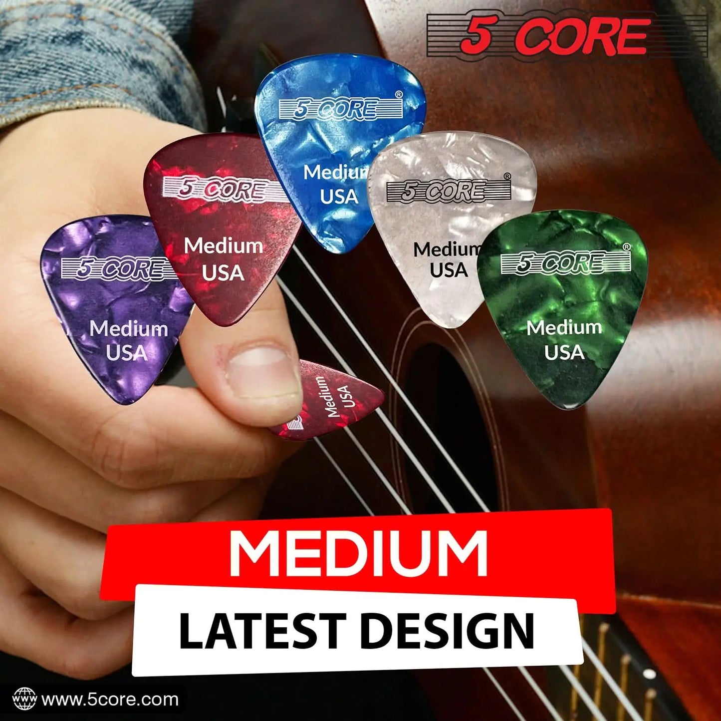 5Core 0.71mm Celluloid Guitar Picks - Medium Thickness - Acoustic, Electric and Bass Guitars - RED.